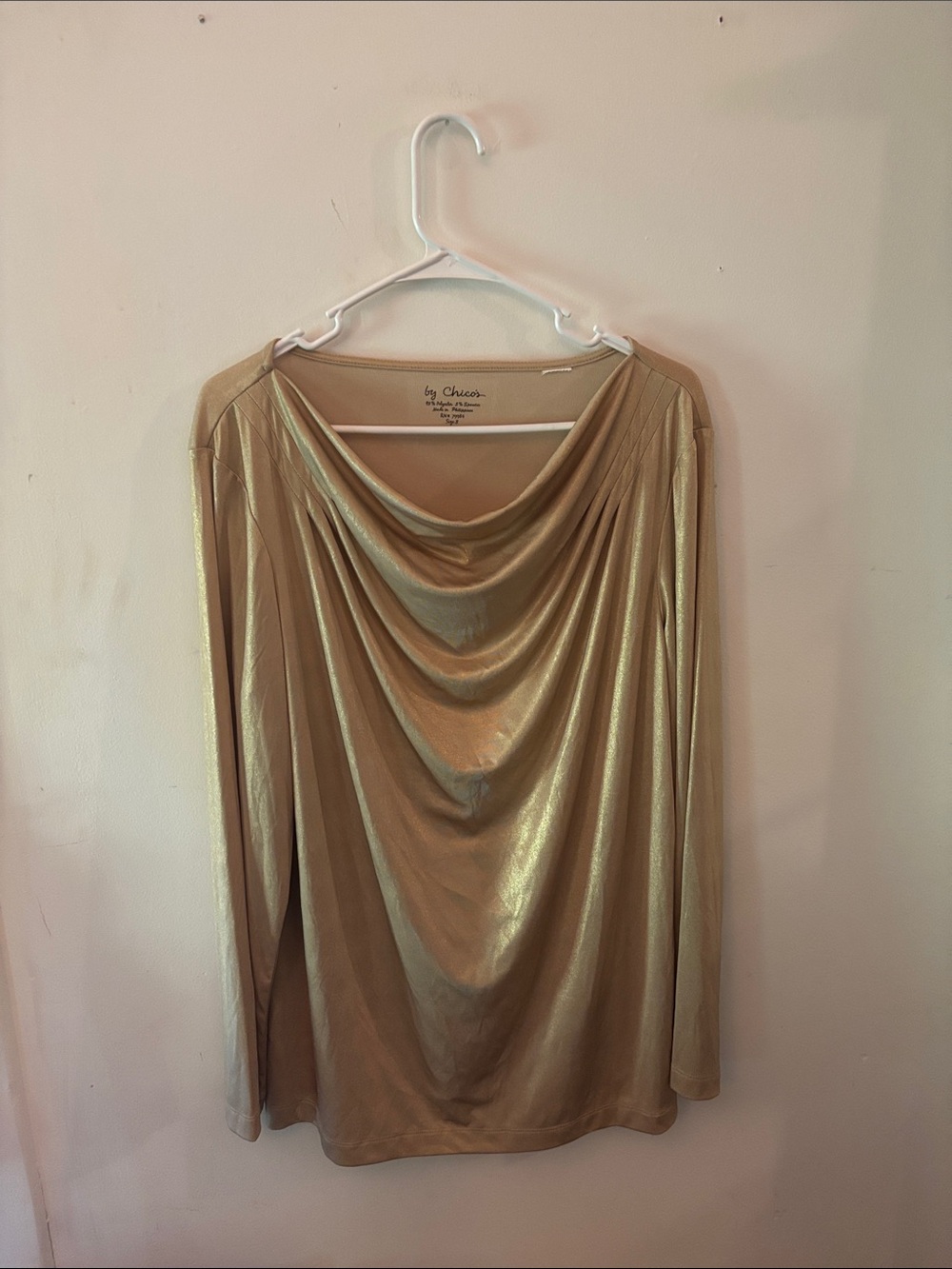 Chico's Metallic Gold Shimmer Draped Cowl Neck Long Sleeve Top Size 3